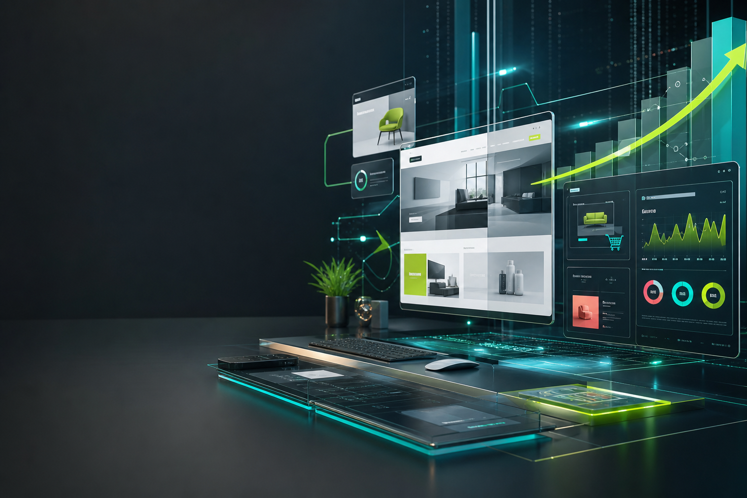 Estudio digital con interfaces web, anuncios inteligentes y datos de crecimiento comercial